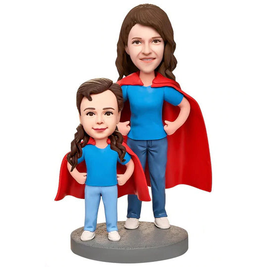 Super Mother and Daughter Custom Bobblehead with Engraved Text